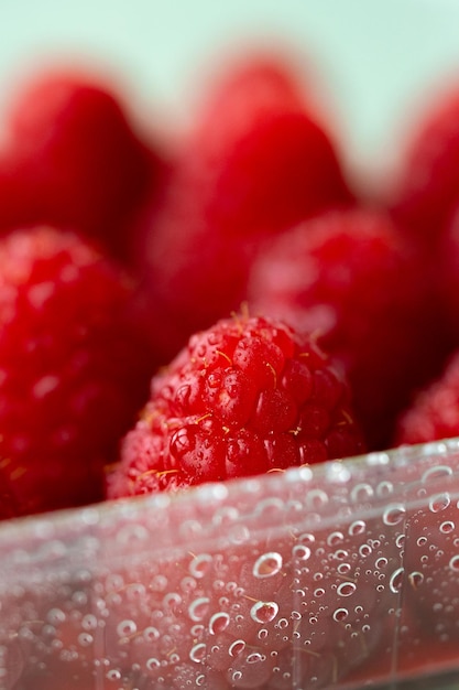 Framboos met drops.Raspberry macro shot.Red berry.Berry advertentie. Frambozenclose-up. Bessen