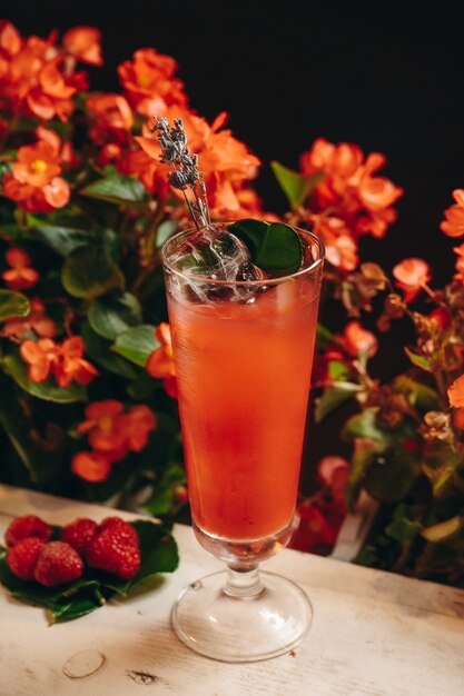 Frambozenlimonade met lavendel en ijs op bloemachtergrond