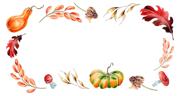 Photo frame of autumn bright plants and pumpkins watercolor illustration isolated on white