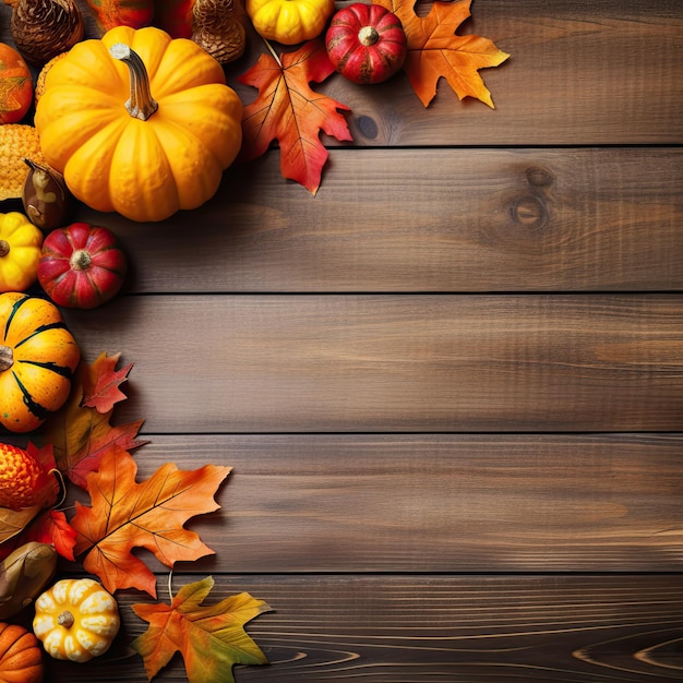 Frame Autumn colorful leaves and orange pumpkins on a wooden background