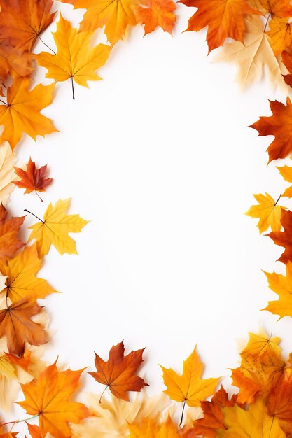 A frame of autumn leaves with a white background