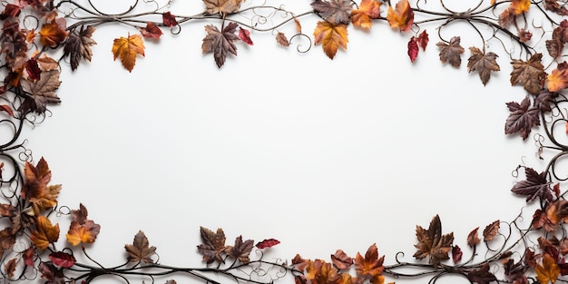 a frame of autumn leaves with a white background.