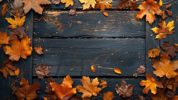 Frame of autumn leaves with wood background AI generative