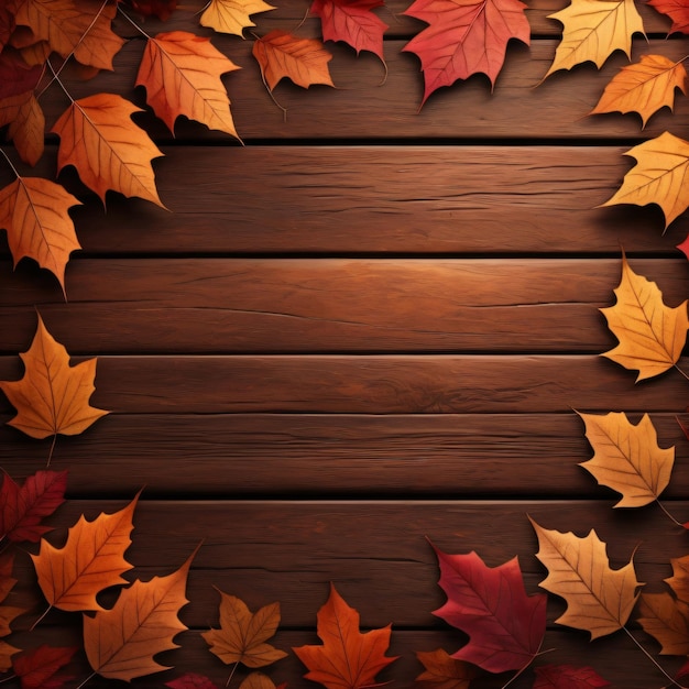 A frame of autumn leaves on a wooden background with a frame that says autumn leaves.