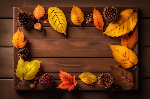 A frame of autumn leaves on a wooden background