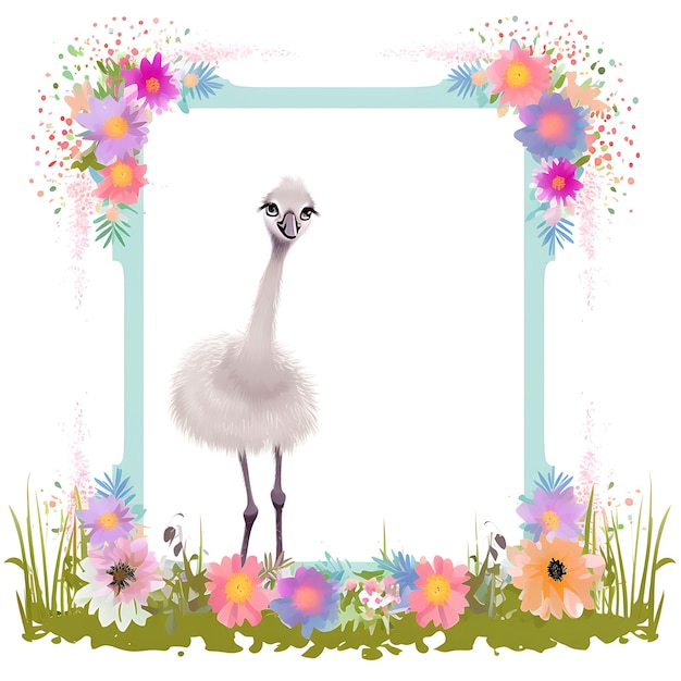 Photo frame of baby ostrich fashion a fluffy grasslandroaming bab for kid 2d flat creative design art