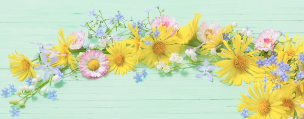 Frame of beautiful flowers on green wooden background