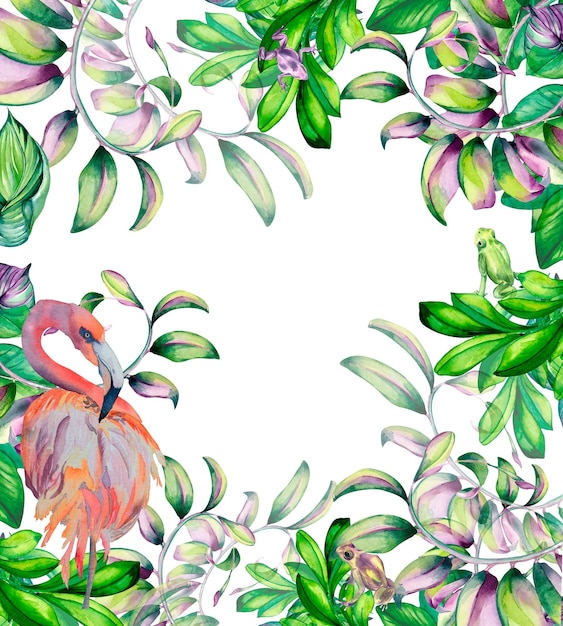 Frame of bent branch multicolor leaves flamingo watercolor illustration on white