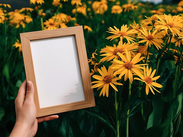 Photo frame beside vibrant yellow flowers