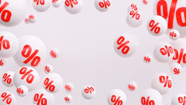 Frame for big sale with flying percent spheres white background with red