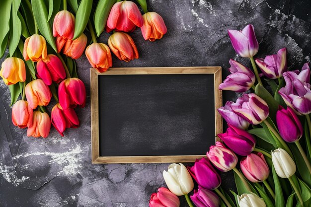 Frame blackboard between tulips