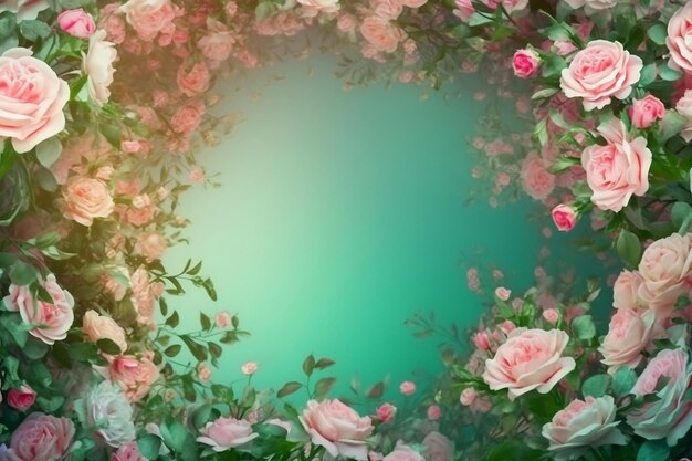 Frame of blooming pink roses on green background