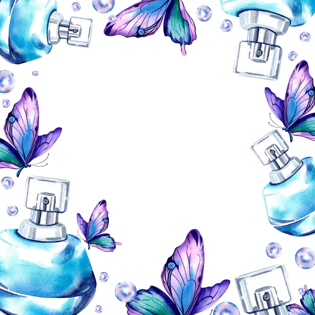 Рамка из синих парфюмерных морфо-бабочек и перламутровых бусин Акварельная иллюстрация на изолированном фоне Баннер Красота и мода