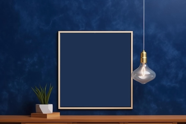 Photo frame on a blue wall with a plant on the side