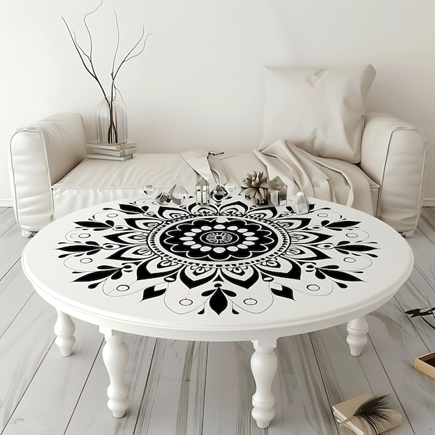 Frame of Bohemian Style Coffee Table With Mandala Design and Crystal CNC Die Cut Outline Tattoo