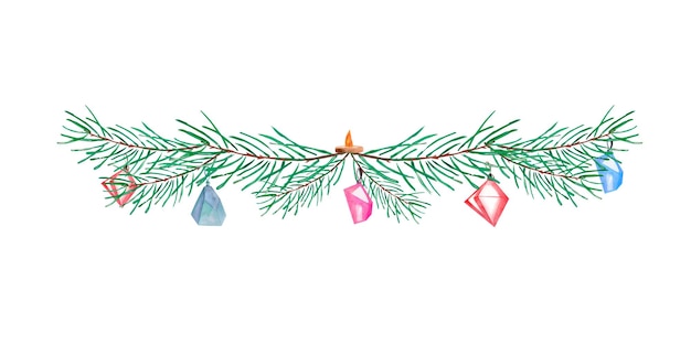 Frame border fir branches candle watercolor toys