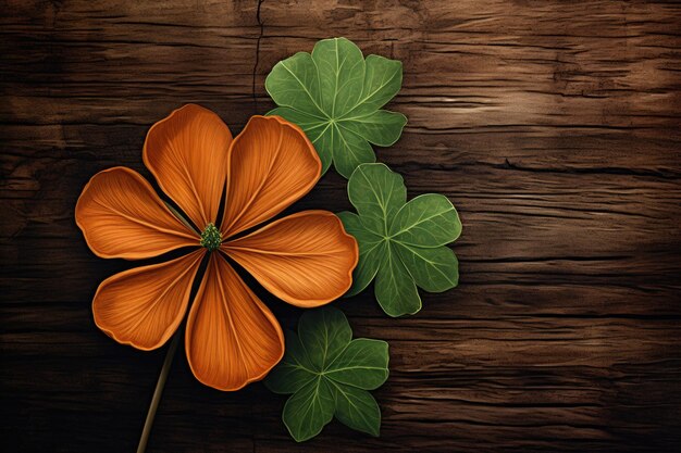 Foto confine di telaio di trifoglio a quattro foglie su sfondo arancione concetto di happy saint patrick's day modello di banner di invito a una festa di biglietti di auguri