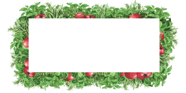 Photo frame border with fresh herbs basil tomatoes chili pepper watercolor illustration for packaging template poster