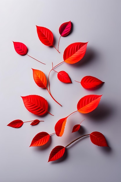 Frame of bright red autumn leaves isolated on pastel gray background Minimal autumn concept