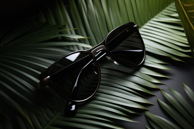 Photo frame of camera sunglasses and palm leaves