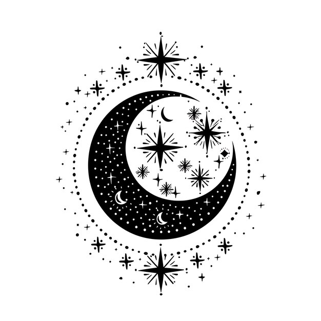 Frame of Celestial Moon Folk Art With Crescent Moon Pattern and Star CNC Die Cut Outline Tattoo