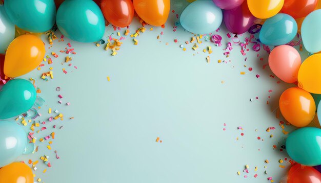 Frame of colorful balloons and confetti on blue background top view