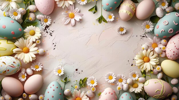 A frame of colorful Easter eggs and spring flowers