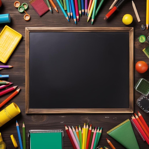 a frame of colorful pencils, a black screen, and a black screen with a black frame.