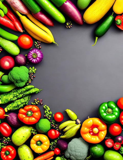 Photo a frame of colorful vegetables on a gray background.