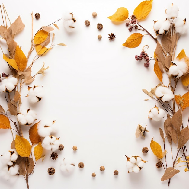 a frame of cotton flowers a white background