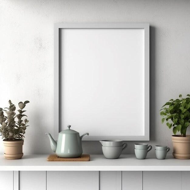 A frame on a counter with a plant on it