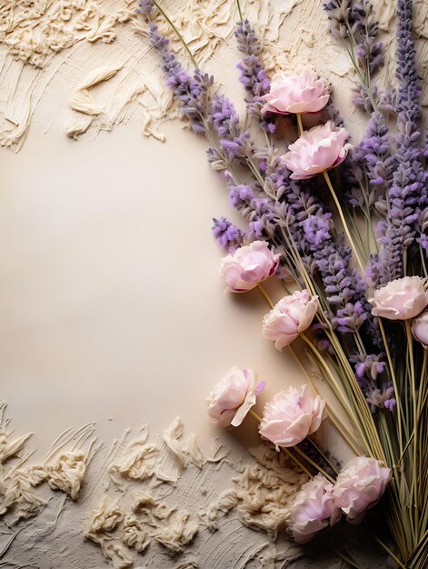 Foto cornice di carta pergamena rugosa con un bouquet di lavanda secca ac carta decorativa arte antica