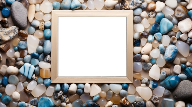 Frame of crystals and gem stones sea glass blue and pink colors