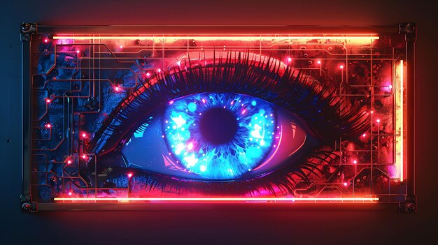 Photo frame of cybernetic eye signboard with an eye shaped board metallic f collage y2k clipart design