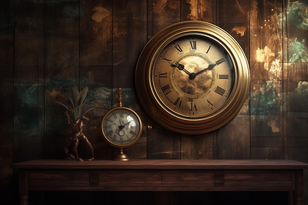 A frame on a dark wood wall with a clock and the