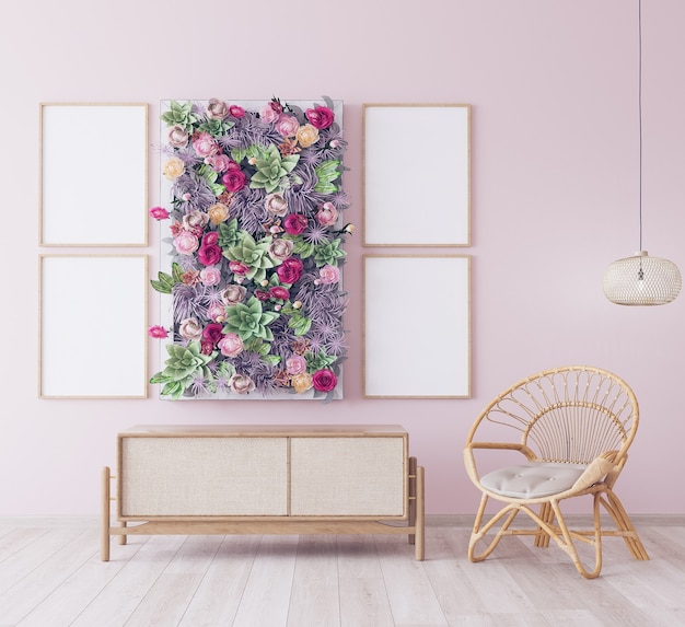 Frame design in pink room, wooden rattan furniture in Scandinavian style