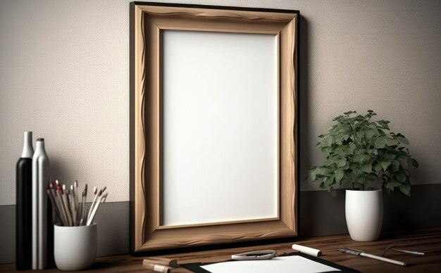 A frame on a desk with a pencil and a plant on the wall.