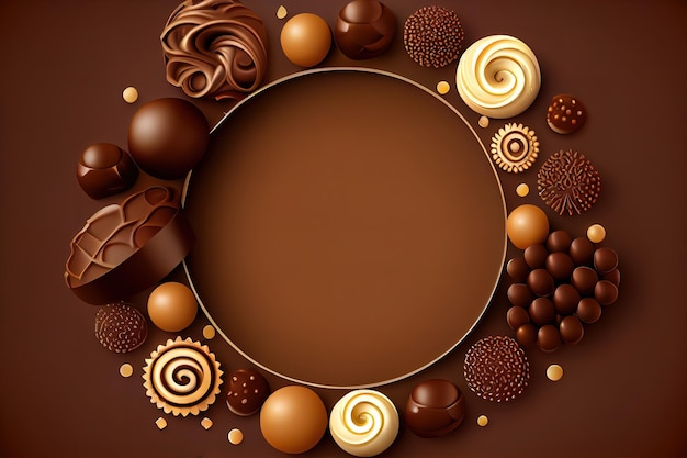 Frame of different kinds of chocolates on wooden table closeup Generative Ai