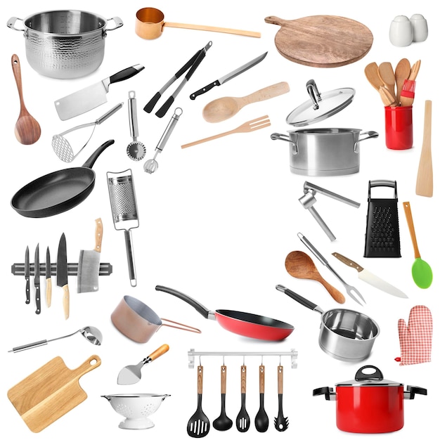 Frame of different kitchenware on white background space for text