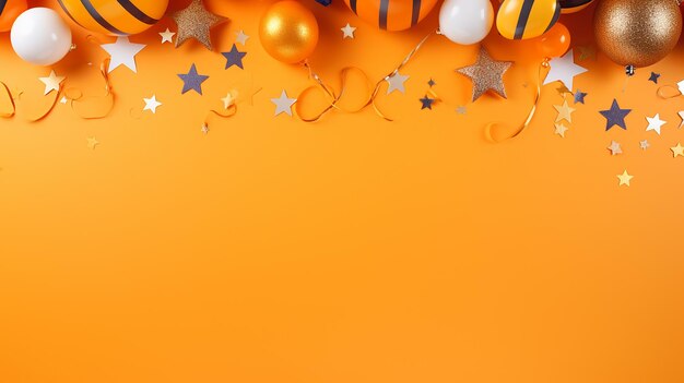 Frame of different party items and decorations with space for text on orange background flat lay