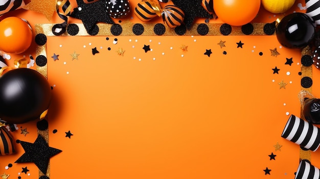 Frame of different party items and decorations with space for text on orange background flat lay