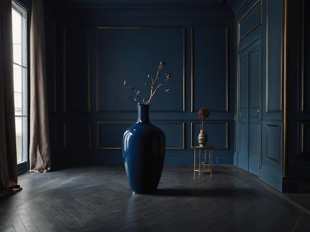 Frame the emptiness of a dark blue room with a solitary object such as a vase or sculpture drawing