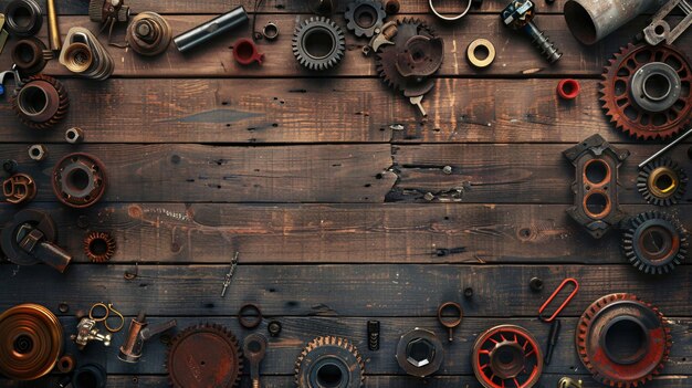 Frame of engine parts on wooden background