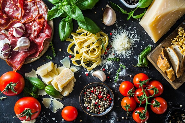 Foto cornice di fettuccine con ingredienti per la cottura della pasta italiana al buio