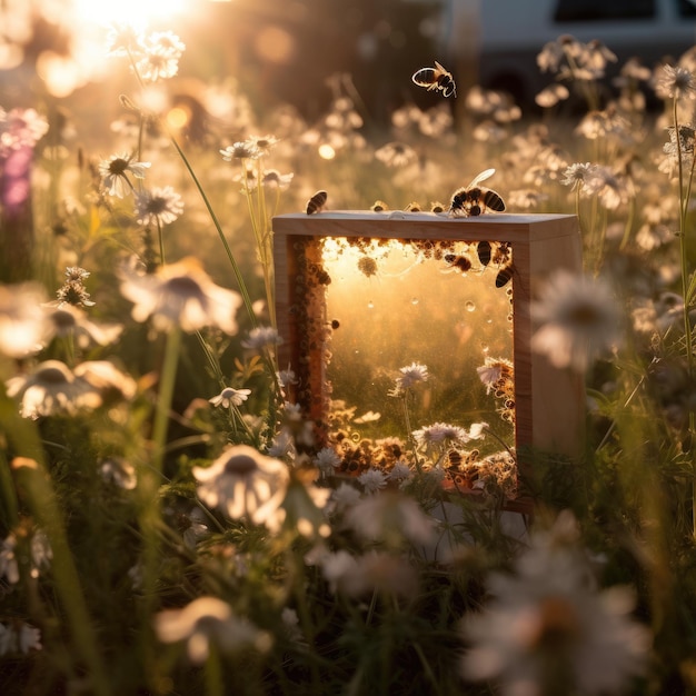 Foto quadro pieno di miele contro la luce del sole nel campo pieno di fiori close up generative ai