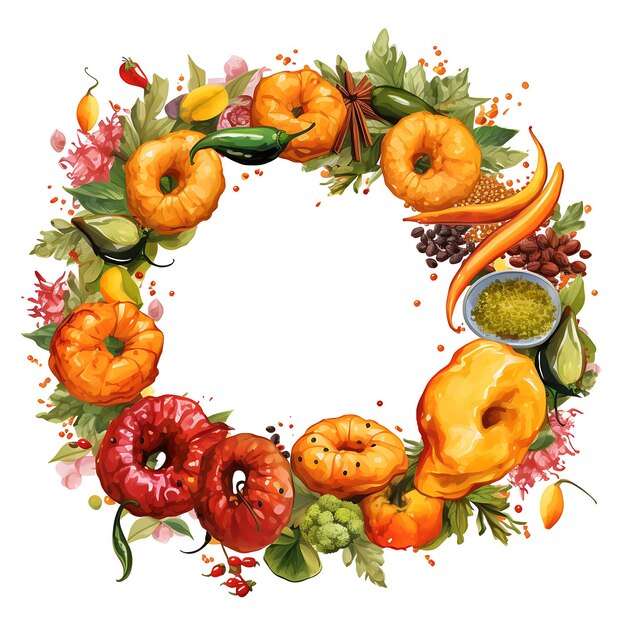 Frame of Floral Wreath Frame With Pani Puri Tamarind Chutney and Sev Indian Celebrations Lifestyle