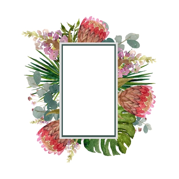 Frame flower palm leaf vertical sketch. A watercolor illustration. Hand drawn texture. Isolated.