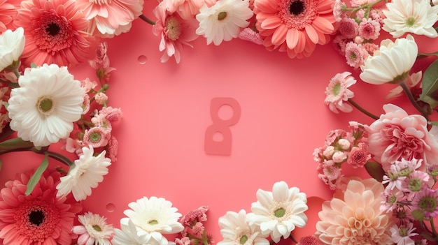 A frame of flowers on a pink background with the number 8 in the middle Womens Day AI generative