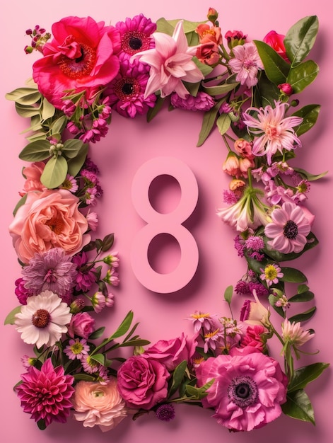 Рамка из цветов на розовом фоне с цифрой 8 в середине