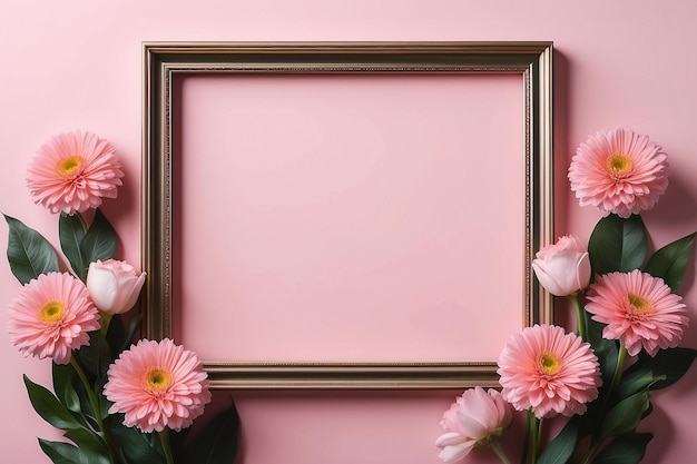 Frame and flowers on pink